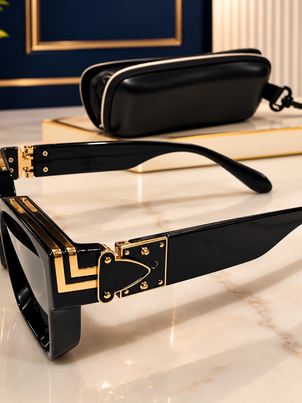 Luxury Black Square Sunglasses Gold Accent UV400 Unisex Designer Style New